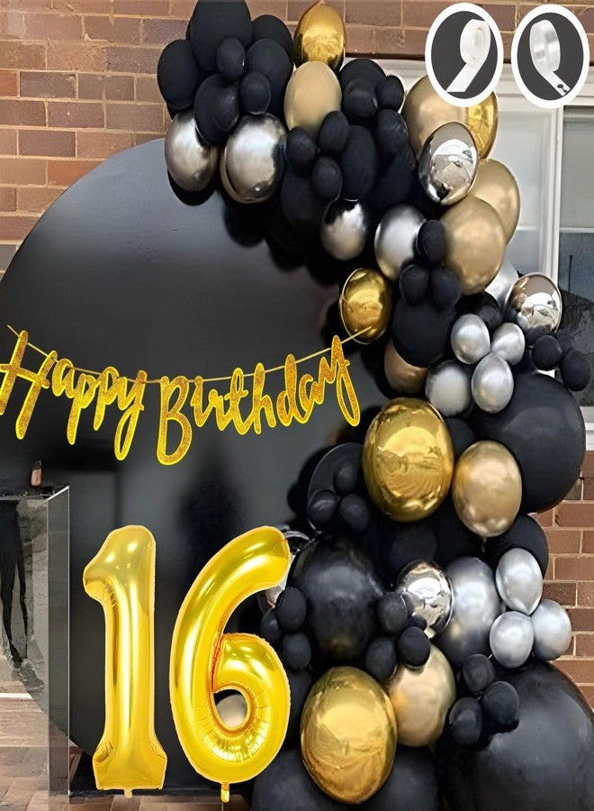 Flyloons 16th Happy Birthday Decoration Golden and Black Theme Combination for Boys Girls | 30 Pcs Gold Black Silver Balloons | Gold Happy Birthday Cursive Glitter Banner | Arch Tape | Glue Dots - Image 1